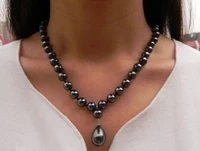 woman jewelry necklace 8mm round bead bright black colors natural south sea shell pearl 12mm pendant necklace 18 45cm