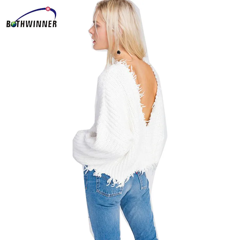 Пуловер женский Bothwinner с рукавами летучая мышь рваный свободный крой вязаный |