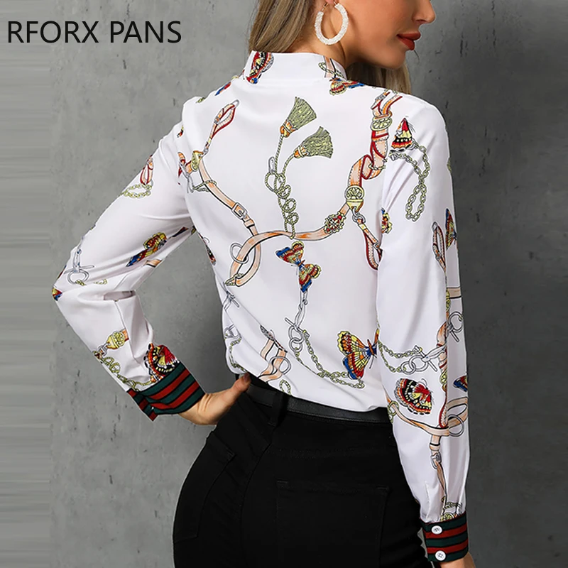 

Chain Print Tied Neck Casual Blouse Shirt Women