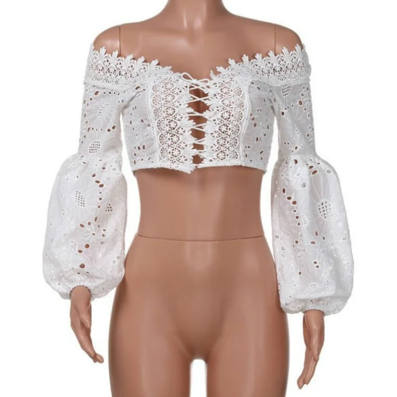 Женская кружевная укороченная Однотонная футболка с открытыми плечами и