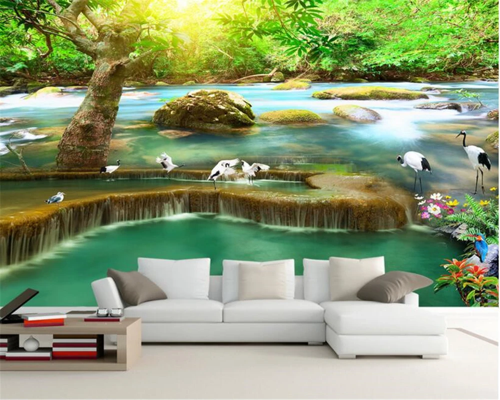 

beibehang papel de parede 3d wallpaper High quality personality wallpaper sun forest waterfall crane paradise TV background