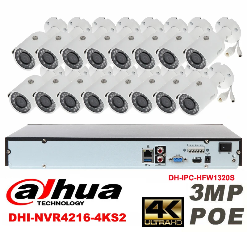 Dahua оригинальный 16ch 3mp H2.64 dh ipc hfw1320s 16 шт. Пуля IP камеры безопасности PoE dhi nvr4216 4ks2
