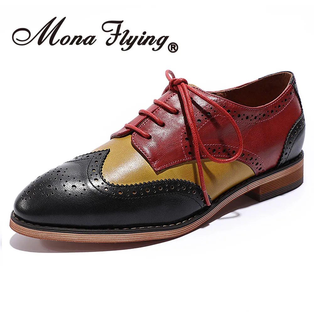 Mona Flying/Женские Кожаные Туфли-оксфорды ручной работы разноцветные туфли дерби на шнуровке для женщин, B098-6 для девочек - Цвет: Black-Yellow-Red