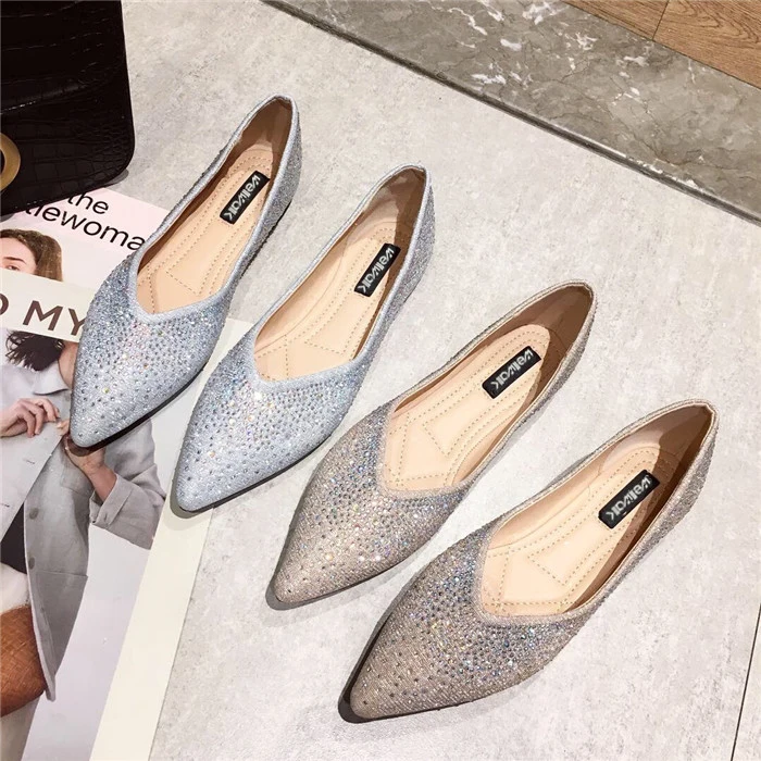 Wellwalk Flash Ballerinas Ladies Flat Shoes Women Crystal Ballet Flats Pointed Toe Moccasins Foldable Fashion Party Shoes Summer