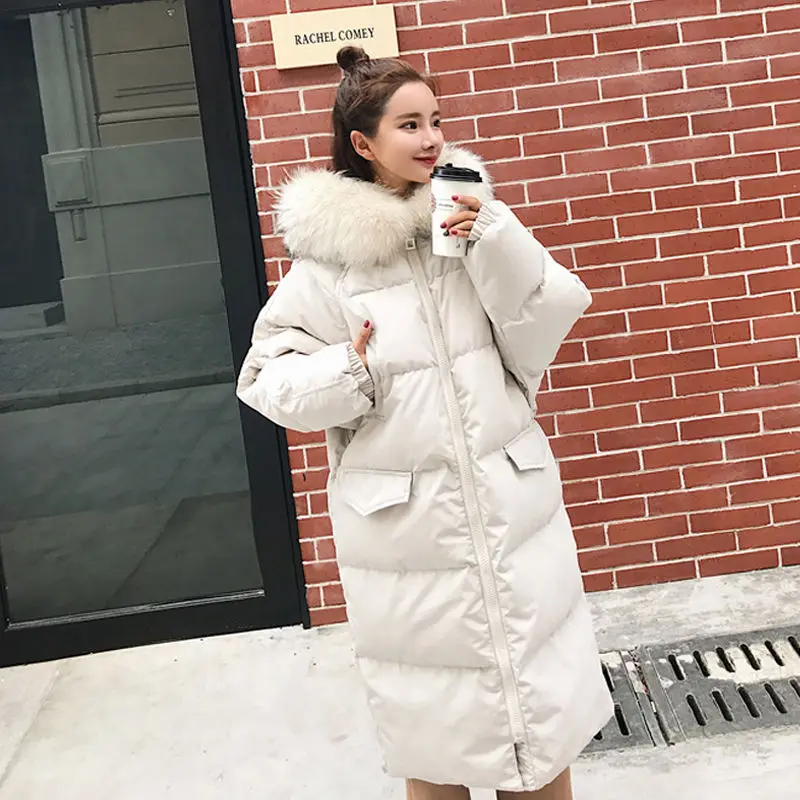 Beige White Vangull, женские парки с капюшоном, зимние, теплые, одноцветные, длинные, свободные, пальто, осень, длинный рукав, на молнии, толстая, женская верхняя одежда, меховой воротник - Цвет: Beige White