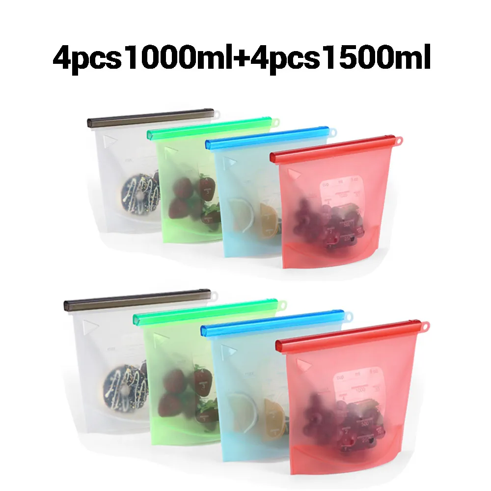 8pcs 1000 and 1500ml Многоразовые силиконовые вакуумные пакеты для хранения продуктов, контейнеры для хранения фруктов, мяса, молока, пакет для холодильника Ziplock, кухонный Органайзер - Цвет: 8pcs 1000 and 1500ml