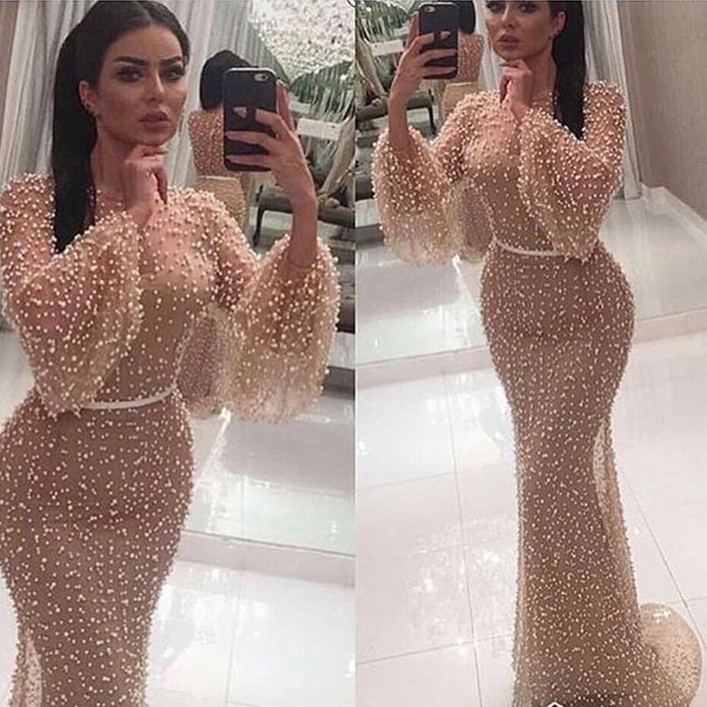 

SuperKimJo Robe De Soiree Peals Champagne Evening Dresses 2022 Mermaid Long Sleeve Luxury Elegant Evening Gown 2023 Vestidos