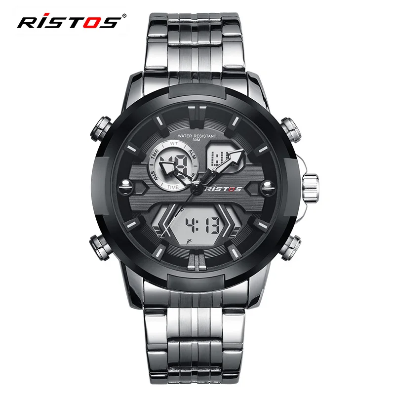 Black Silver RISTOS Мужские Цифровые Аналоговые наручные часы модные часы Relojes Masculino Hombre многофункциональные мужские спортивные часы с хронографом Новинка 9359 - Цвет: Black Silver