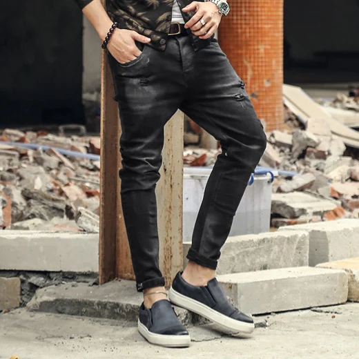 Модные Винтаж Для мужчин s Рваные джинсы Штаны Slim Fit Проблемные хип хоп Denim Новая