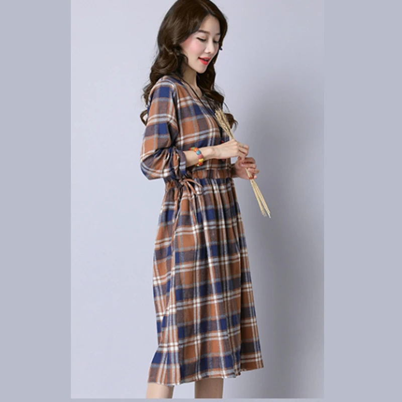 Streetwear Plaid Women Dress 2018 Autumn Fashion Loose Casual O Neck Long Sleeve High Elastic Waist Midi | Женская одежда