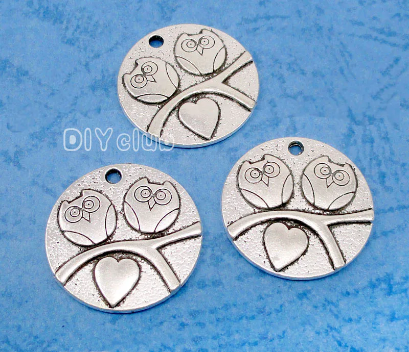 

40pcs-Antique Silver Round Owl Charms Pendant, Jewelry Making 24mm