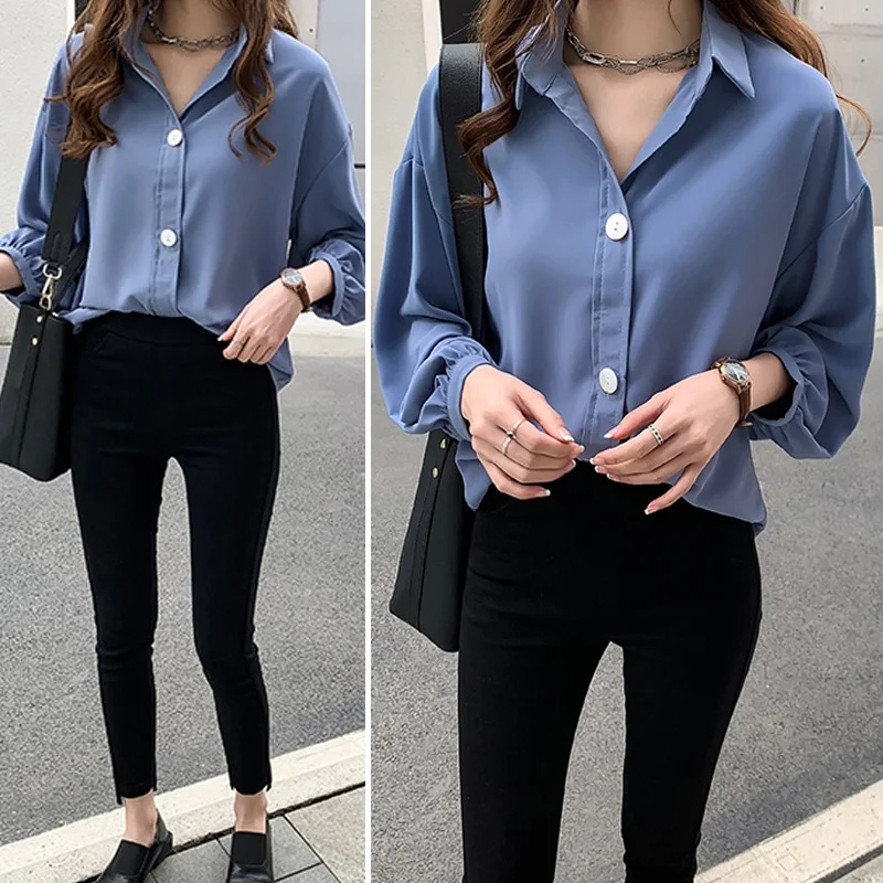 Женская шифоновая блузка с отложным воротником однотонная Свободная рубашка