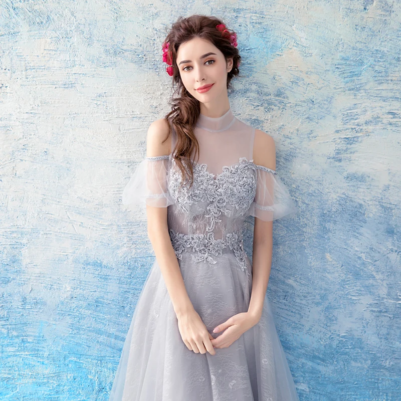 Серый Вечерние платья Топ See Through Кружево Аппликации линии Vestiti Eleganti Donna Cerimonia Sera