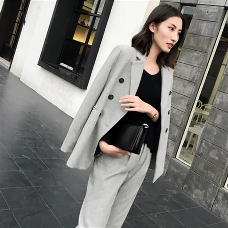 

Leisure suit suit female Spring winter New high quality Double-breasted Woolen suit coat + pants Loose two-piece suit women
