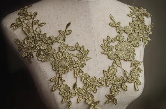 

5 pairs Gold Lace Applique by pairs, Metallic Gold Venise Lace Applique