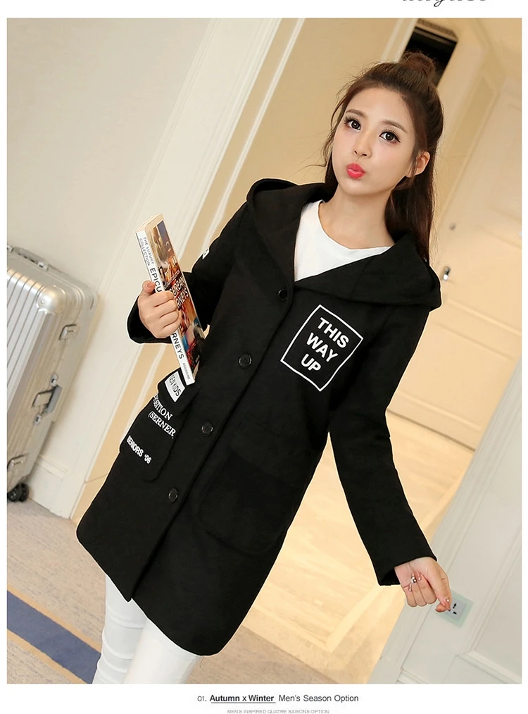 

New Women's Wool Coat Autumn Winter 2018 Fashion Classic Letter Hooded Woolen Jacket Slim Thicken Long Outerwear Female