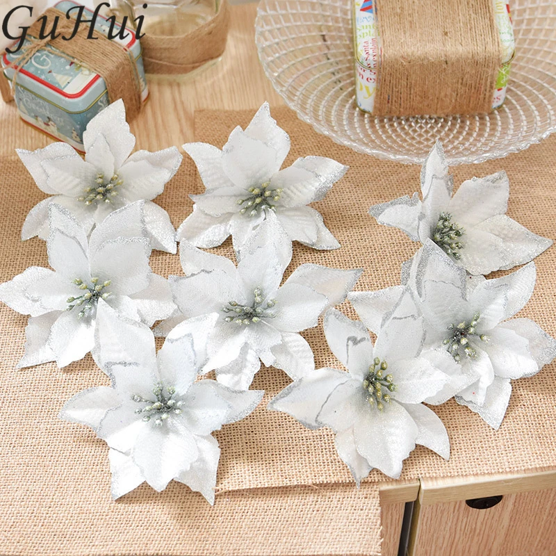 8pcs Colorful Artificial Flowers Christmas Tree Ornament Gold Silver Sticky Powder Flower New Year Home Party Hanging Prop Decor | Дом и сад