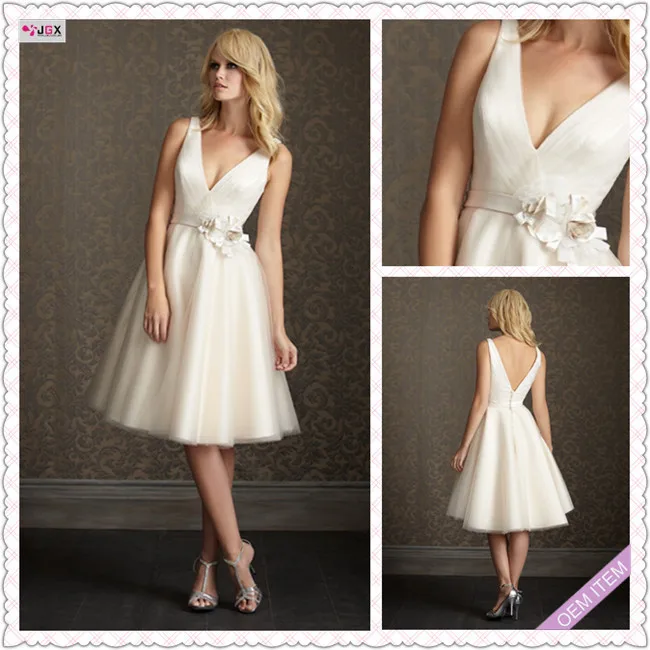 0977 1hs Sexy Cap sleeve V Neck&Back Flower sash white organza A Line knee length style wedding dress|wedding dresses 2012|wedding dress