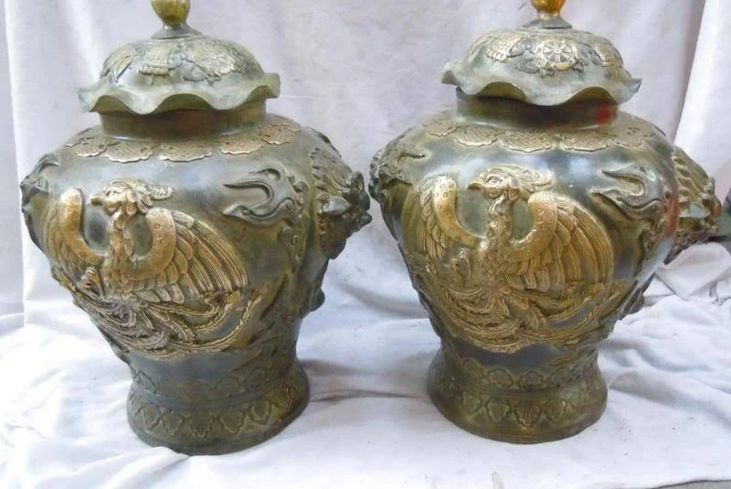 

12" China old bronze gild carved fine eight treasures phoenix pots pair statue
