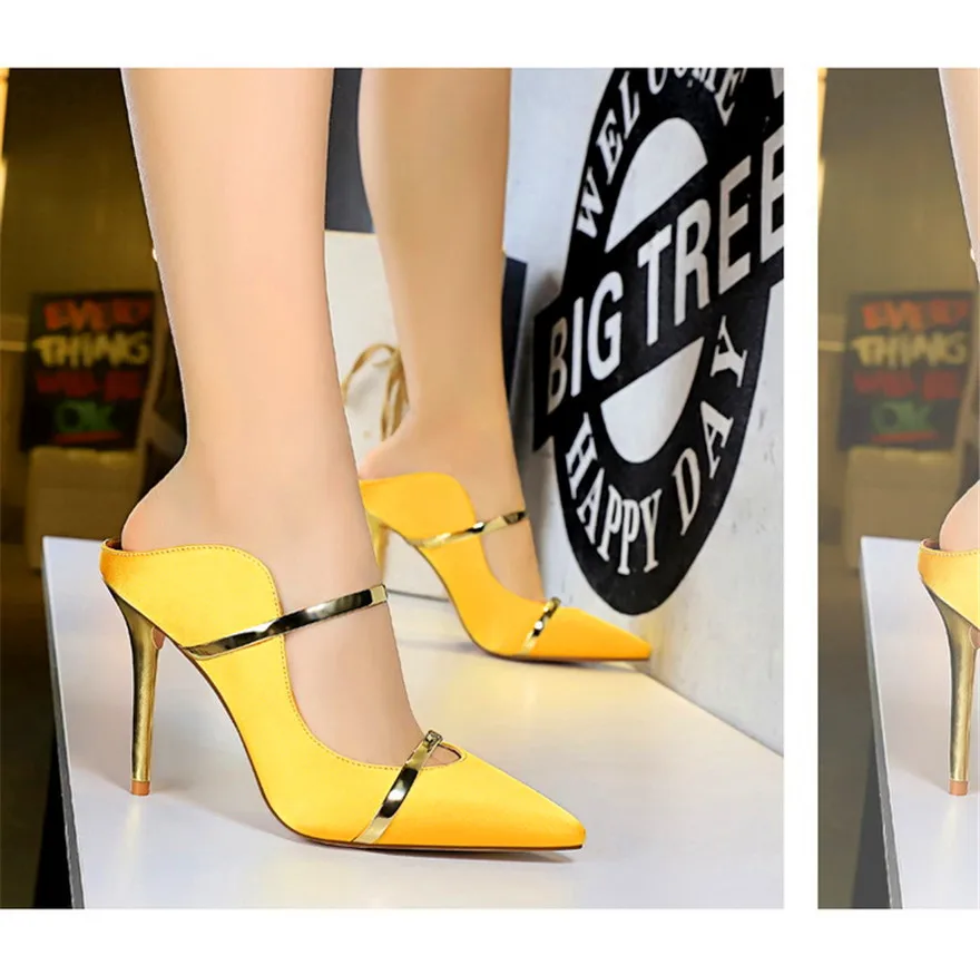 7 Colors Solid Silk Women Slippers Pointed Toe Outdoor Sandals High Heels Woman Sexy Party Show Thin Ladies Shallow Summer Shoes