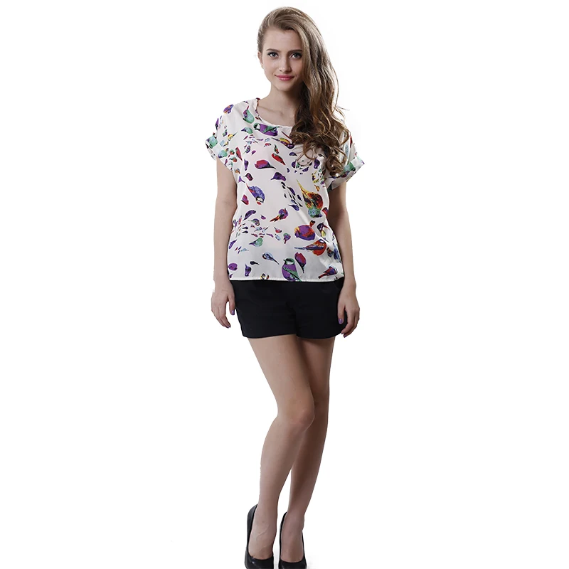 Женские шифоновые Футболки S size летние футболки с круглым вырезом и принтом птиц