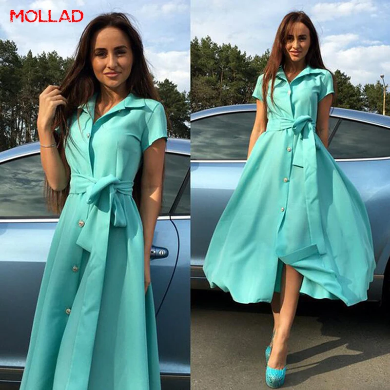 Летнее модное однотонное платье на пуговицах с коротким рукавом офисные женские