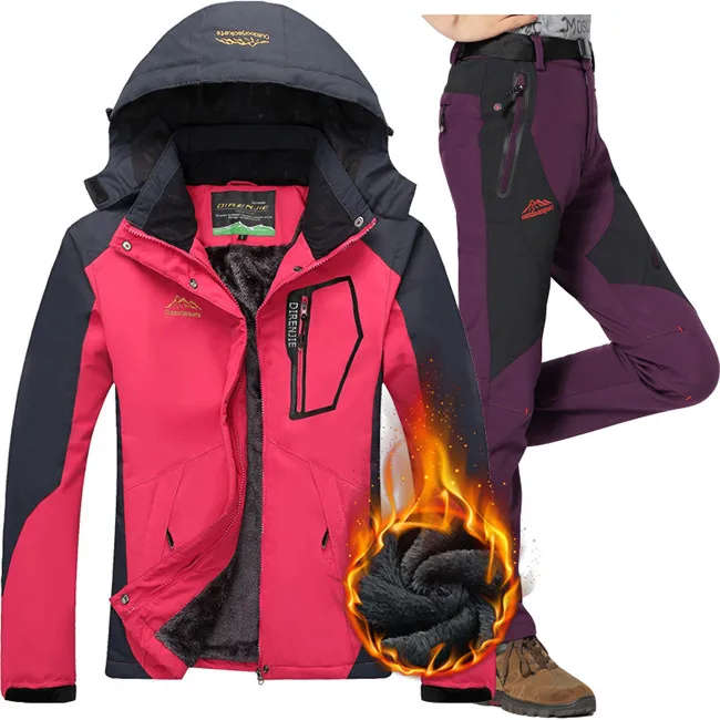 Rose Purple Зимний теплый лыжный костюм для женщин, для улицы, водонепроницаемый, ветрозащитный, для снега, сноуборд, куртка и штаны, Женский термальный лыжный комплект одежды - Цвет: Rose Purple