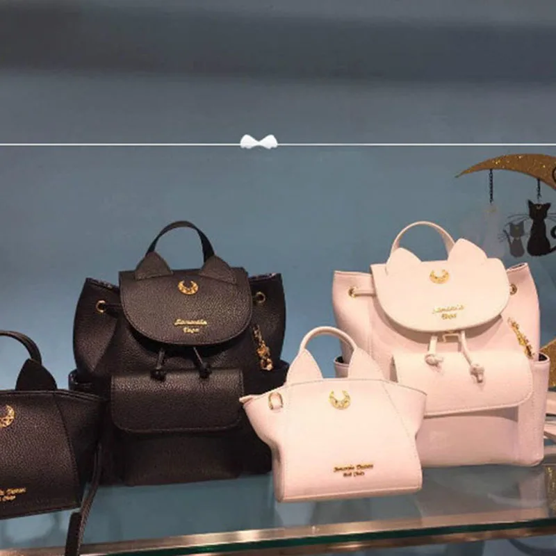 2019 Сейлор Мун женский рюкзак из искусственной кожи Рюкзак Универсальный Черный Белый Luna Cat для девочек