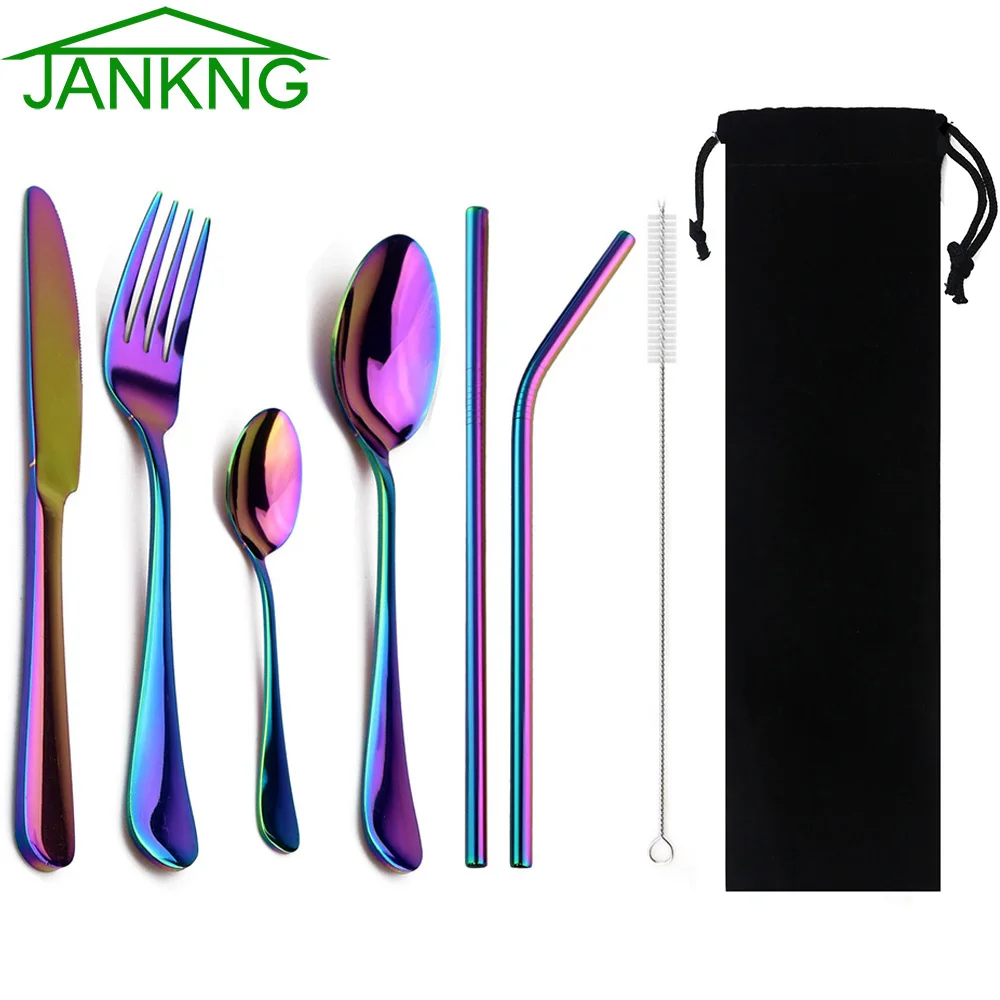 Rainbow JANKNG 8 шт. черная столовая посуда с металлическая соломинка из нержавеющей стали красочные столовые приборы нож для стейка вилка чайная ложка набор столовых приборов - Цвет: Rainbow