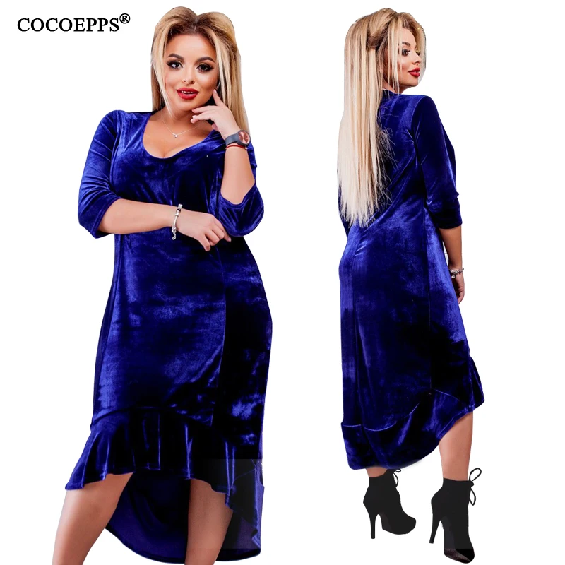 Autumn Women Dress 5xl 6xl Vintage Velvet Party Dress With Ruffle Large Size Midi Sexy Dress Evening Bodycon Dress Vestido