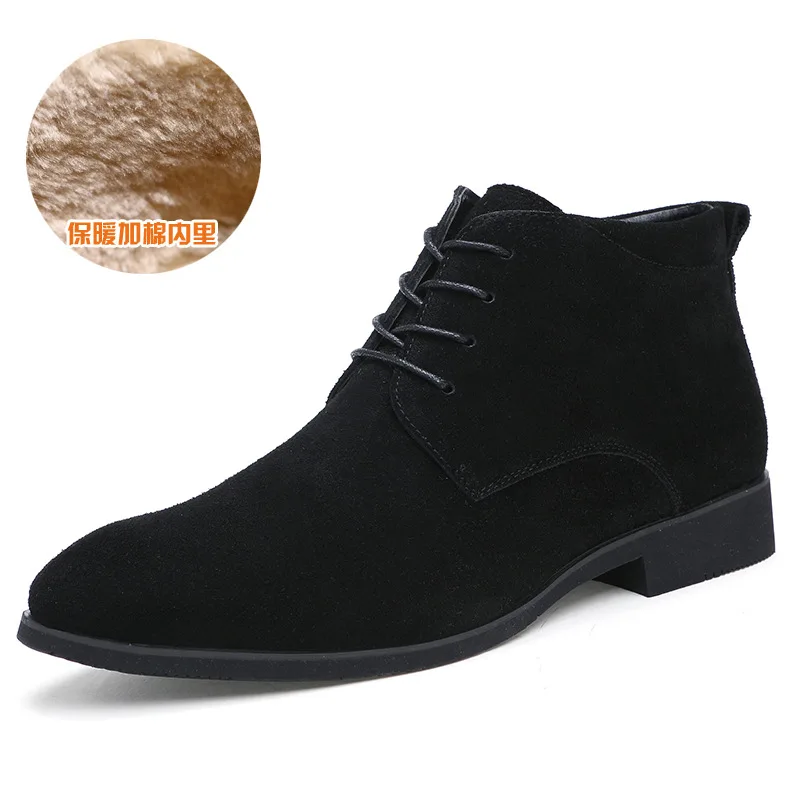 black with fur Мужские Ботильоны; деловые мужские ботинки-Чукка; повседневная обувь с высоким берцем; уличная кожаная мужская зимняя обувь; Цвет черный, серый - Цвет: black with fur