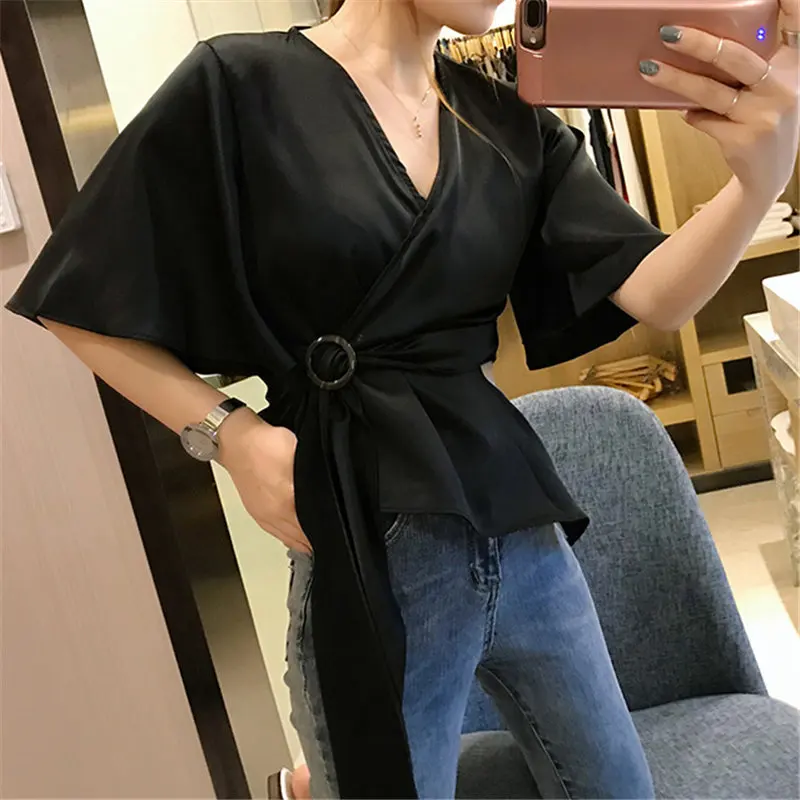 Hzirip Chic Female Sweet Summer Fresh Sashes Irregular High Quality Fashion Loose Short Flare Sleeve Casual Solid Chiffon Shirts | Женская