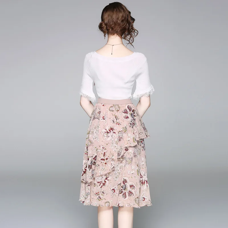 Эластичные трикотажные футболки и шифоновыми оборками юбки 2 шт. костюмы с юбкой