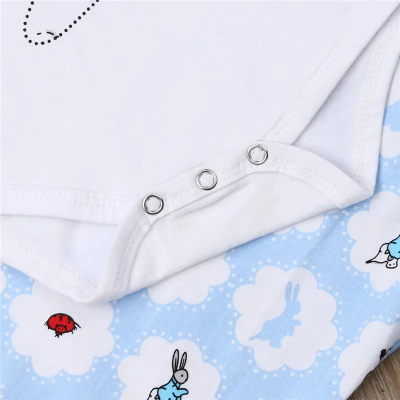 Kids Clothing Set Short Sleeve White Baby Rompers Rabbit Print Girls Tops Blue Long Pants Bottoms Children Boys Outfit | Детская одежда