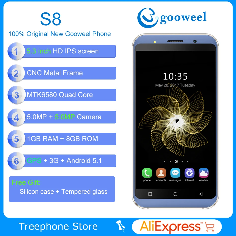 5 3 дюйма HD ips 2.5D Экран Gooweel S8 мобильного телефона MT6580 Quad core Смартфон 1 ГБ