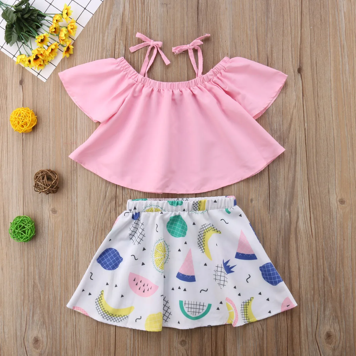 Розовые топы с открытыми плечами для маленьких девочек + белая юбка рисунком