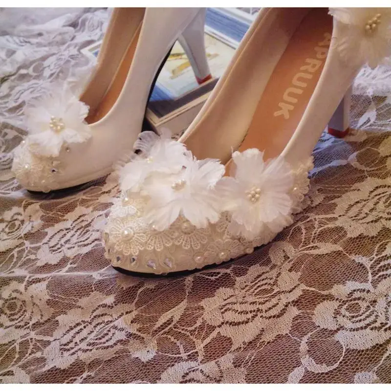 HANDMADE lace white wedding shoes women plus large sizes round toes FLOWERS brides bridal bridesmaid party dress | Обувь