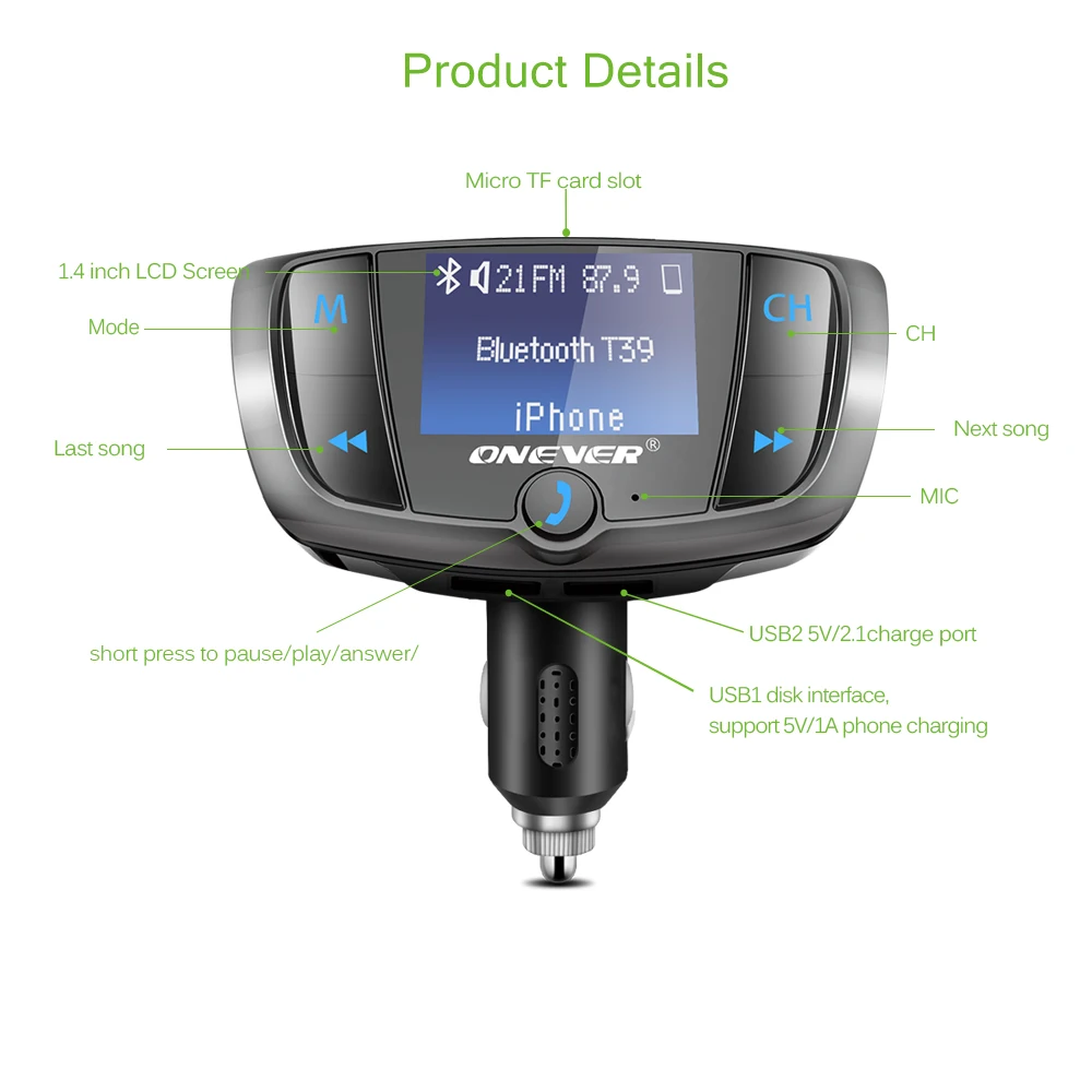 Onever Bluetooth fm-передатчик беспроводной радио адаптер fm-модулятор автомобильный комплект с 3.4A двойной USB Автомобильное зарядное устройство вольтметр DC 12-24 В