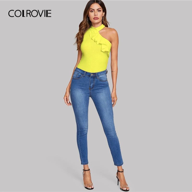 COLROVIE, асимметричный женский топ с рюшами, лето, гламурные элегантные офисные женские жилеты плотной посадки с вырезами