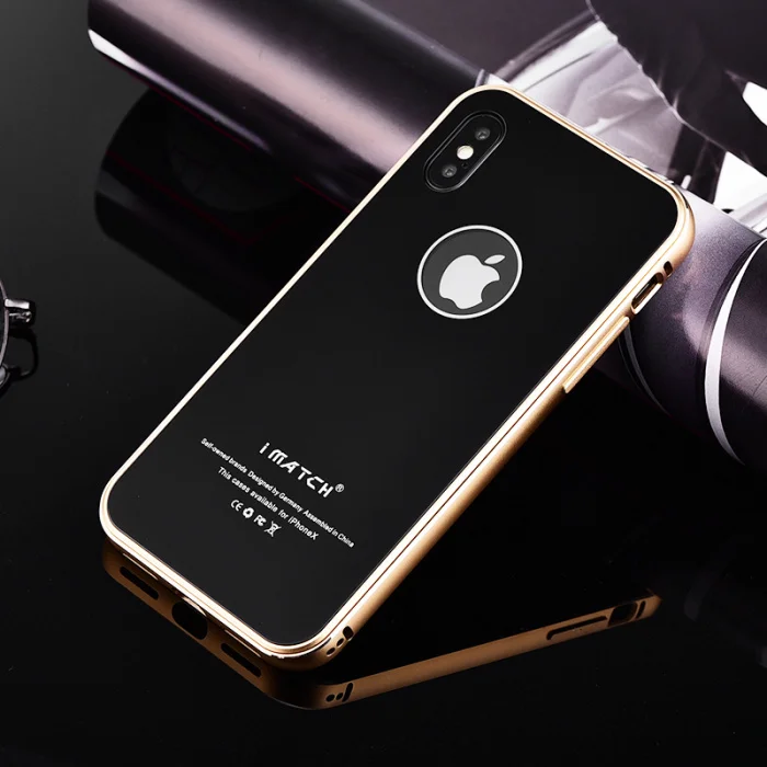 iMatch чехол для iPhone X Coque Роскошный Алюминиевый металлический бампер+ 9H Твердость Закаленное стекло задняя крышка для iPhone X чехол - Цвет: gold bumper balck