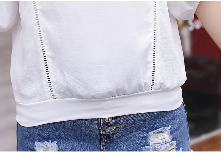 

New 2021 Summer Fashion Simple Embroidery Chiffion Women Blouses Shirts Floral Loose Buckle Short Sleeve Top Blusas D872 30