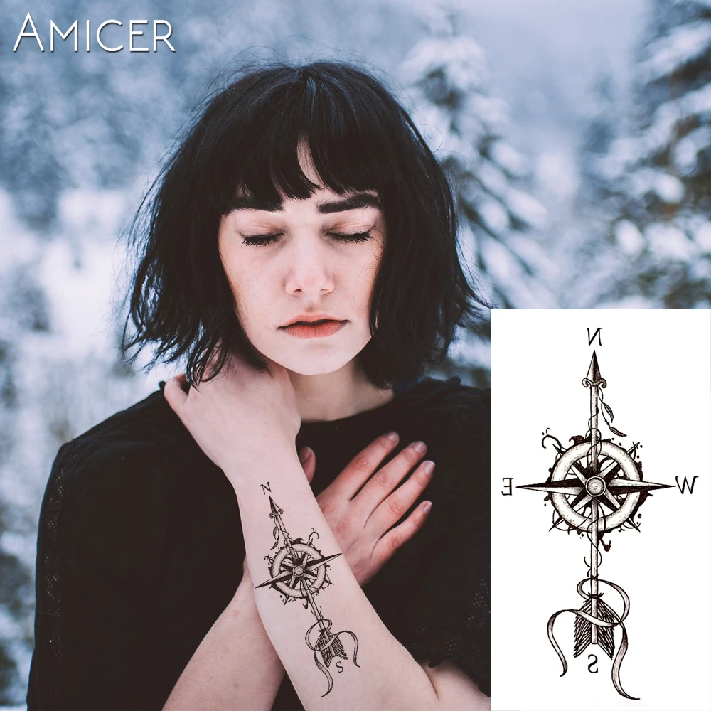 

1PC Compass Arrows Hot Black White Large Flower Henna Temporary Tattoo Black Mehndi Style Waterproof Tattoo Sticker