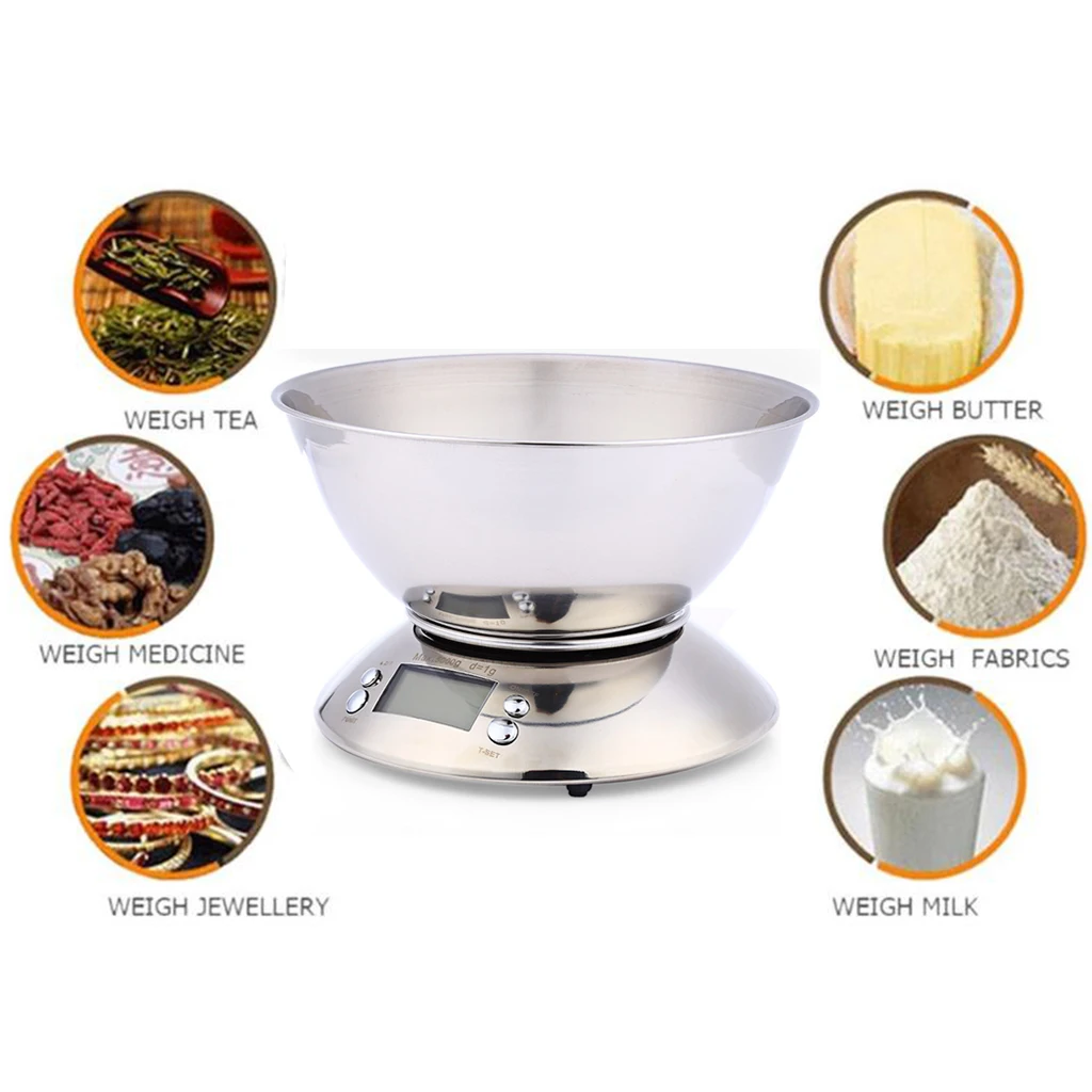 

Digital Kitchen Scale Stainless Steel Food Libra Weight Sensor LCD Electronic Kitchen Scales Alarm Timer Weight Sensor Bowl 5KG