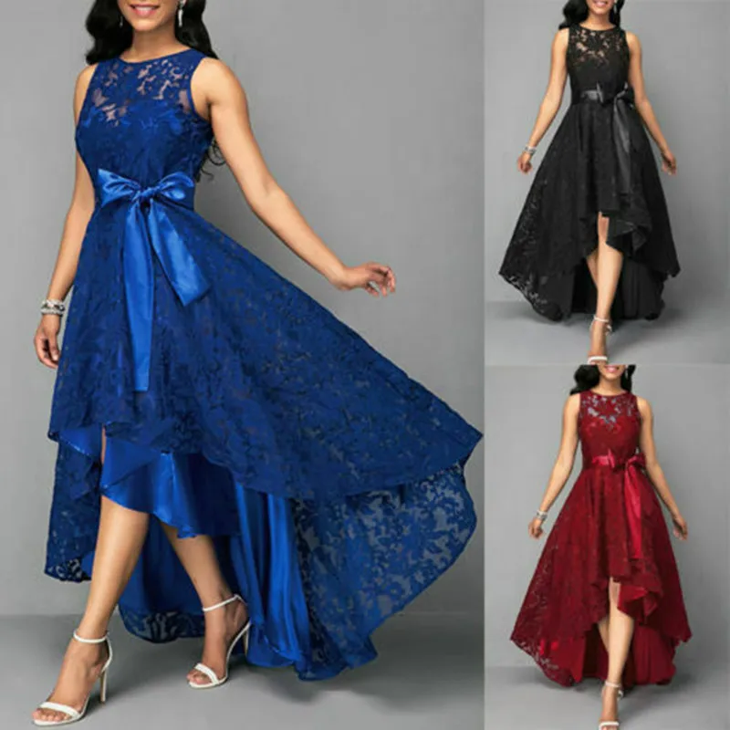

Women Dress Plus Size Lace Vintage Wedding Evening Party Maxi Dresses Sleeveless High Low Hem Belts Summer Gown Female Vestidos