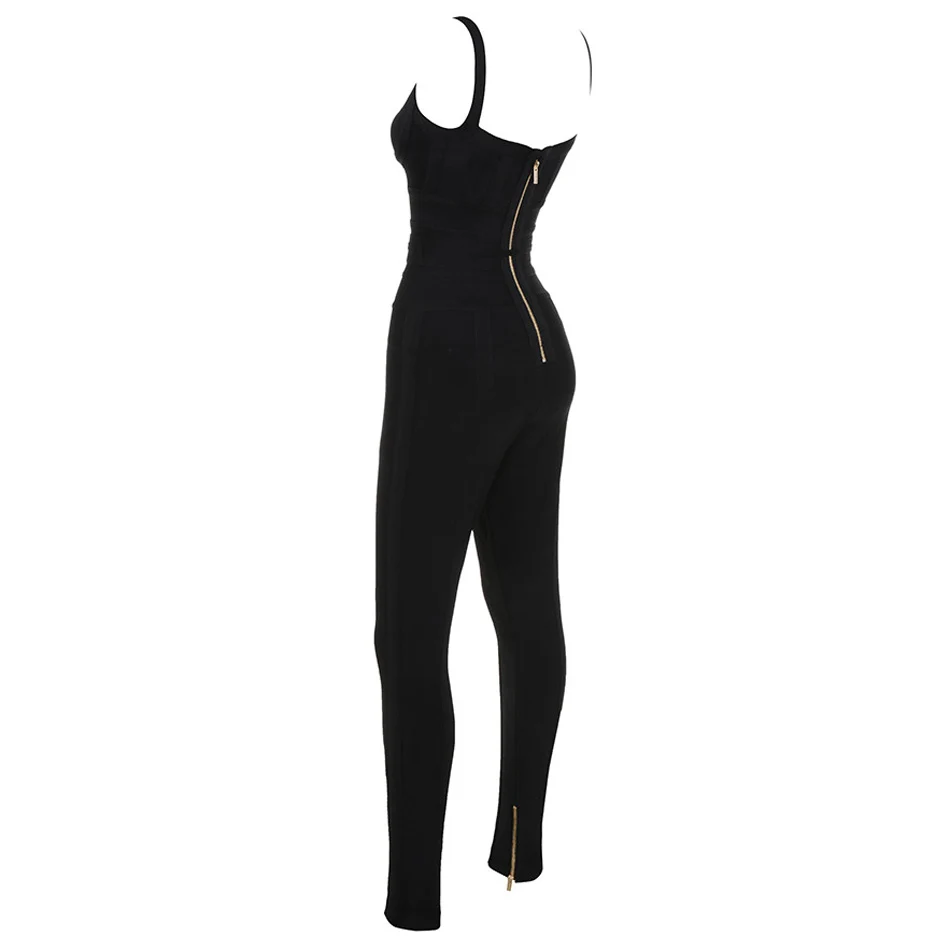 Slim Spaghetti Strap Lace Up Bandage Legging V Neck Zipper Embellished Cold Shoulder Sleeveless Long Leg Skinny Jumpsuit | Женская