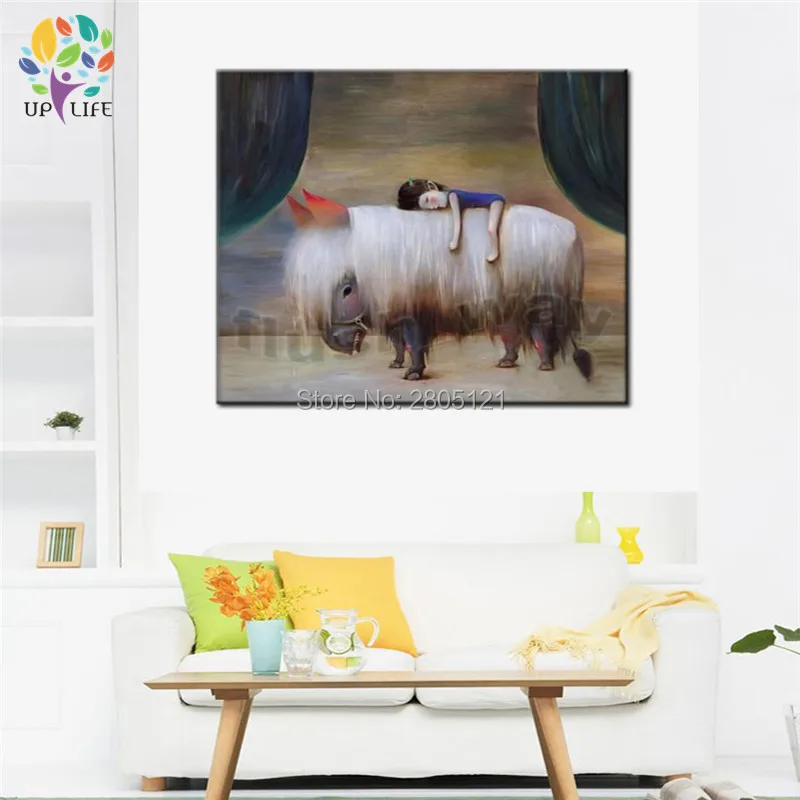 hand painted chinese artist original painting little sleeping girl and the big pet unique design kids child room canvas art | Дом и сад