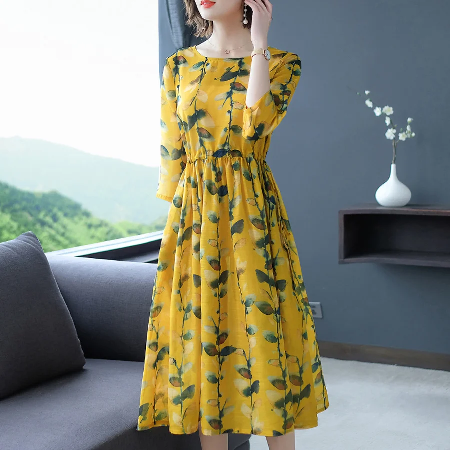 2019 New Vintage Yellow Floral Silk Midi Dresses Summer 3XL Plus Size Print Two-piece Set Bodycon Sundress Elegant Women Vestido | Женская