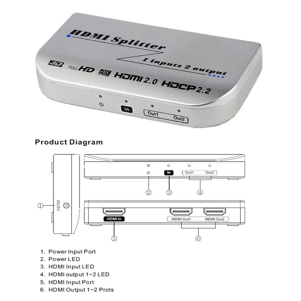 HDMI сплиттер 1X2 4Kx2K @ 60 Гц 1 вход 2 выхода Full HD 1080 p Поддержка HDCP 0 Видео Аудио конвертер