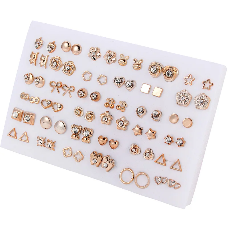 

36pairs/set Gold Flower Stud Earring Set For Women Girl Crystal Heart Star Kids Earrings Fashion Jewelry Gift Mix Styles