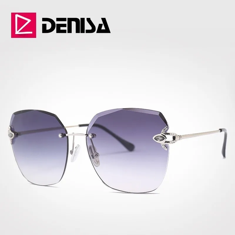 Gray Sunglasses DENISA, роскошные брендовые Большие женские солнцезащитные очки, стразы, без оправы, женские солнцезащитные очки, Дизайнерские летние очки G31277 - Цвет линз: Gray Sunglasses